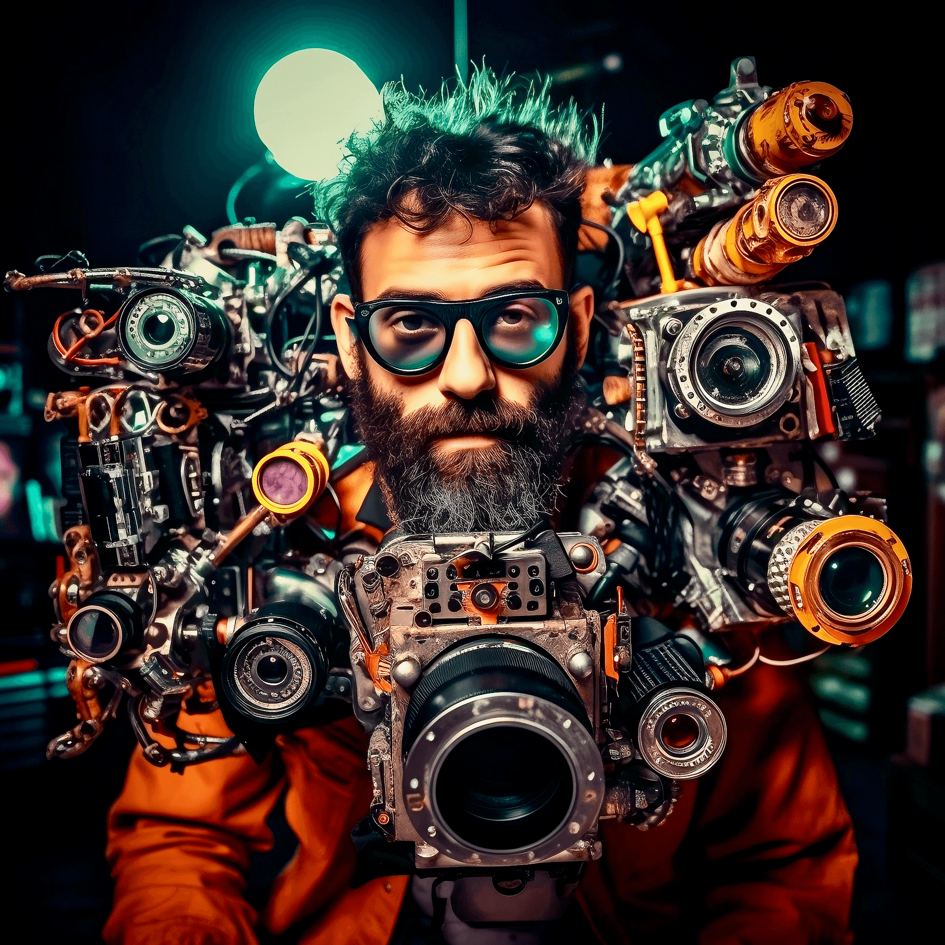 AI generated: medium shot of a cyberpunk cool cameraman operating a funky crazy abstract cinematic old fashioned m...