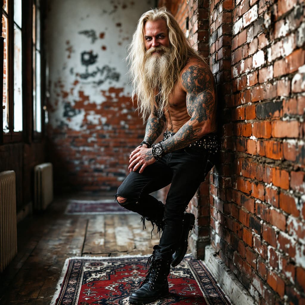 AI generated: Full body view, metal rocker, very long wavy blond hair, round face, chiseled jawline, toned muscles...
