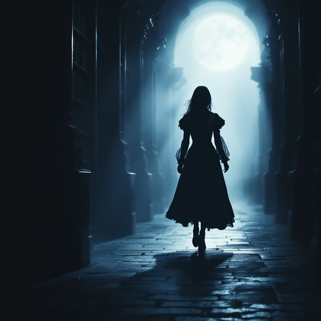 AI generated: Tracking Shot. Following a walking girl (dress in Gothic style) as move slowly through the library, ...