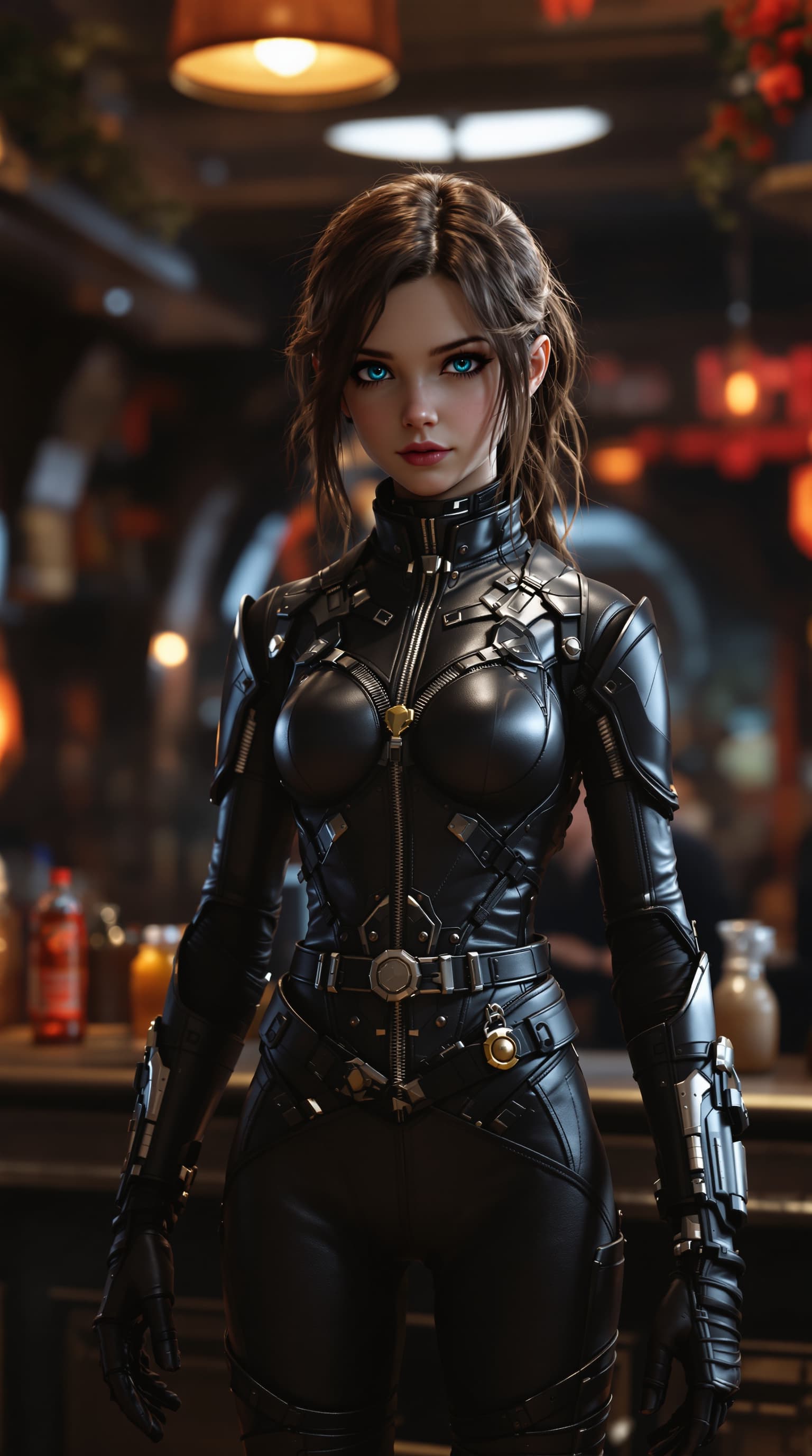 AI generated: hyper-realistic depiction of a twelve year old Evie Templeton dressed in a leather body suit lightly...