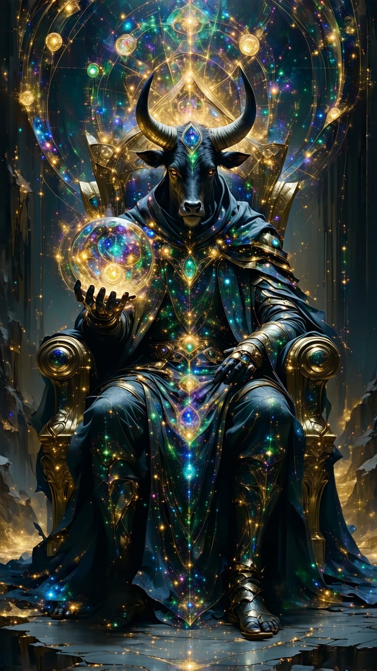 AI generated: A regal celestial king, adorned in opalescent golden armor etched with cosmic fractals, sits upon a ...