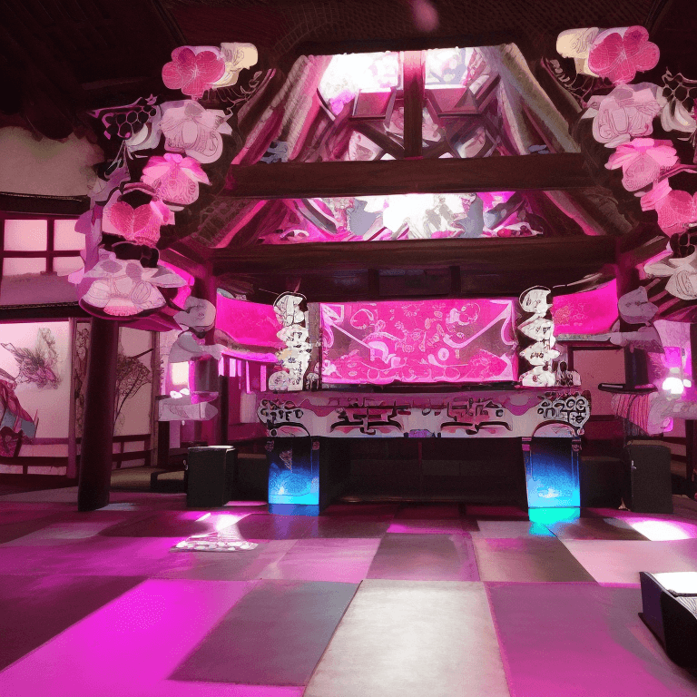 AI generated: A rave featuring techno music with the pink as the main illumination color, with japanese style deco...