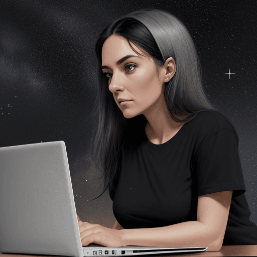 AI generated: 30 year old woman, gray eyes, in black t-shirt, sitting at desk, leaning over laptop, photorealism, ...
