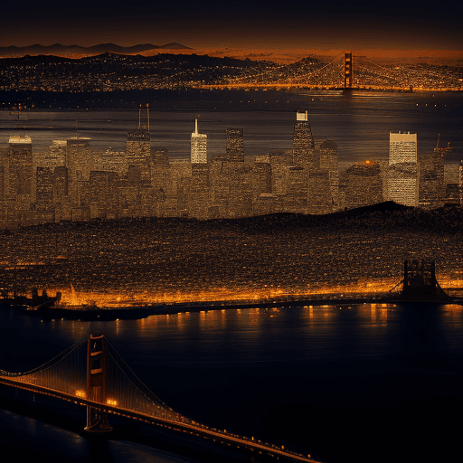 AI generated: Aerial View of San Francisco Skyline at Night, California, USA