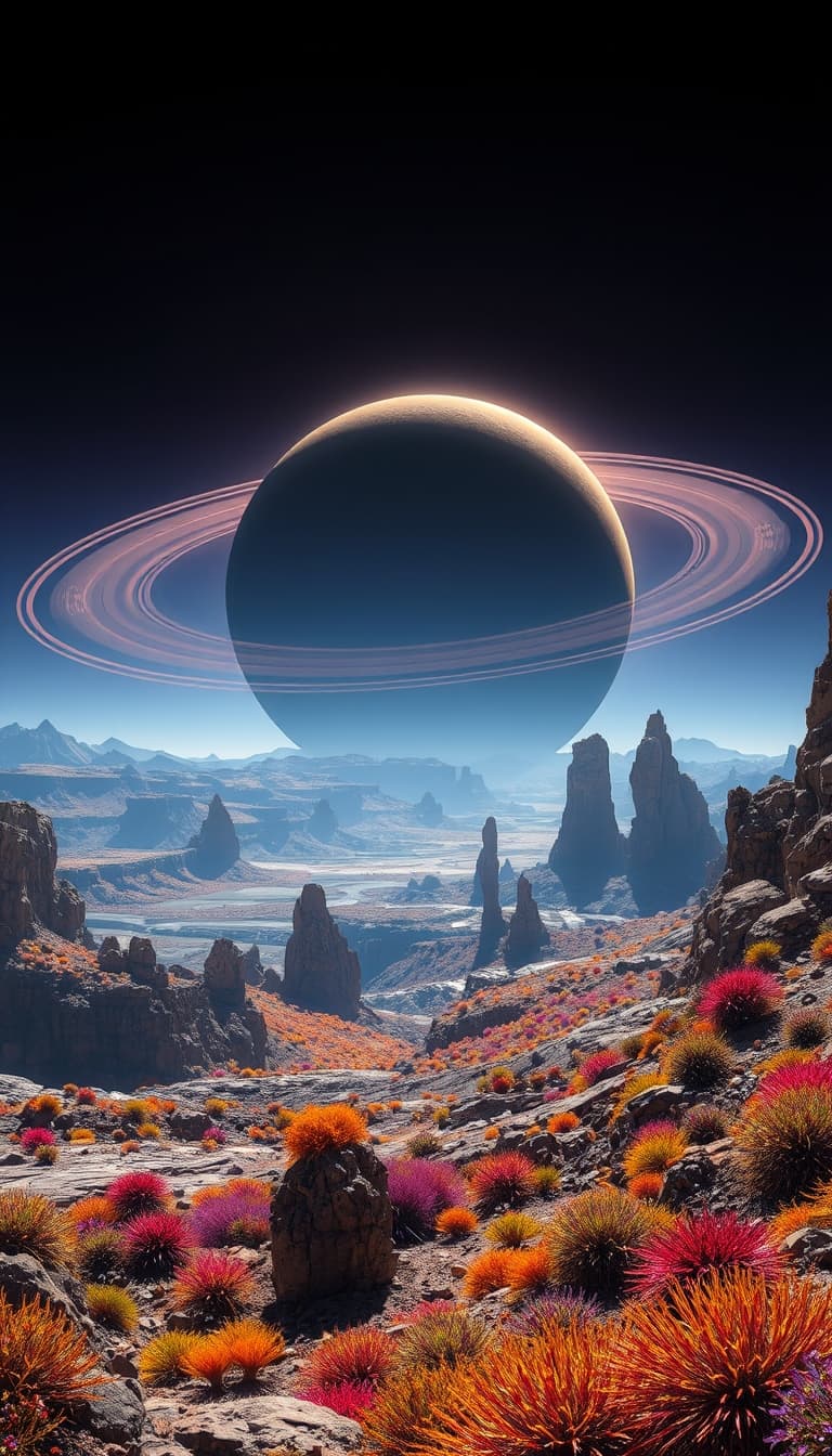AI generated: A dramatic landscape on an exoplanet with a breathtaking view of a ringed gas giant in the sky. The ...