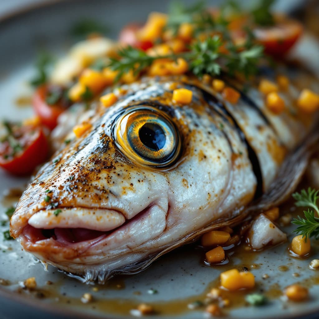 AI generated: Extreme close-up, a cod fish plate, Setubal style photorealistic, in the style of high quality food ...