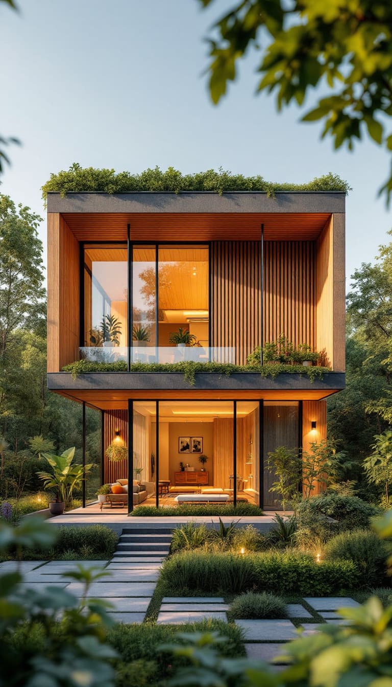 AI generated: Eco-friendly building, reclaimed wood accents, bamboo flooring, low-carbon concrete, green roofs, li...