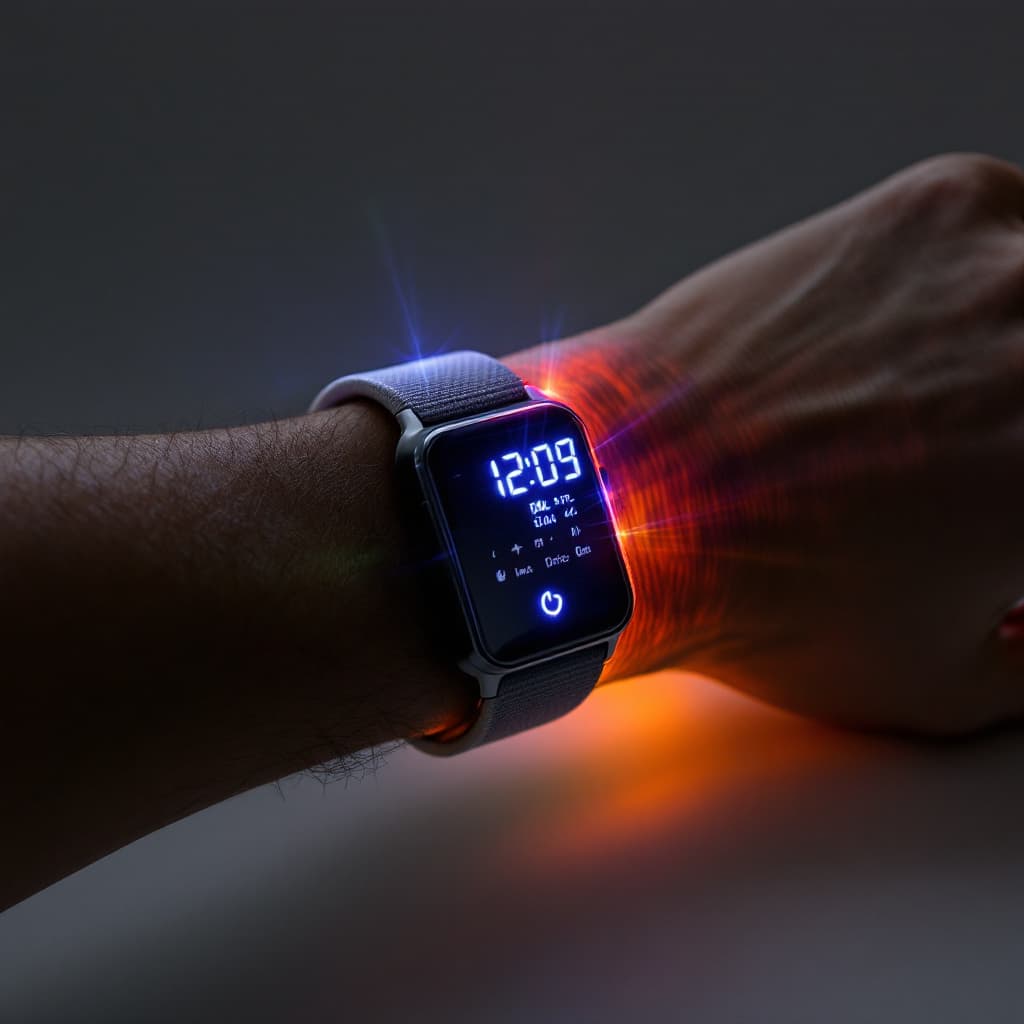 AI generated: led concert wrist band - that is lit up has a white hardware display, witha cloth wristband showing ...