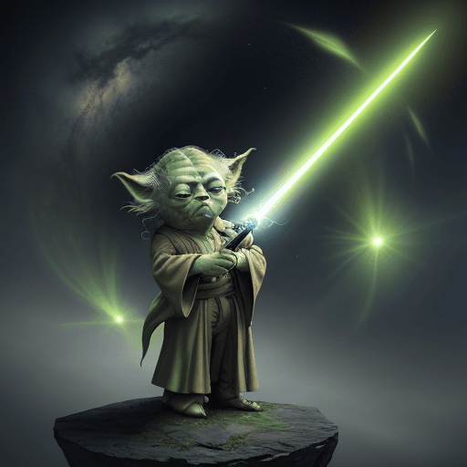 AI generated: Photo, background, YODA in cosmos, 4k, light sword, contemporary building 