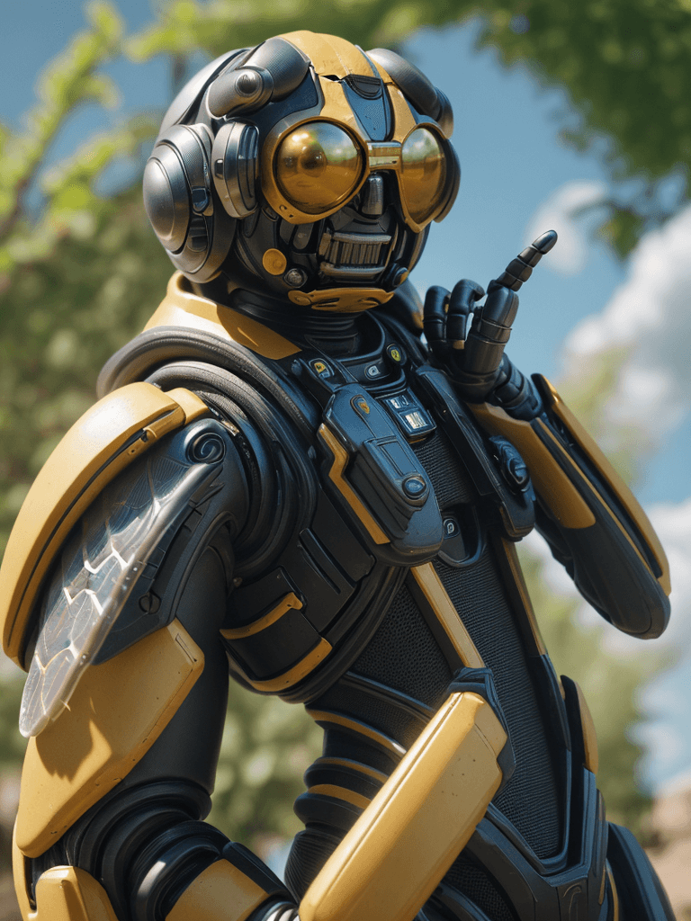 AI generated: portrait of biorobotic and armed bee, 8k full HD, low angle, unreal engine 5, cinematic, masterpiece...