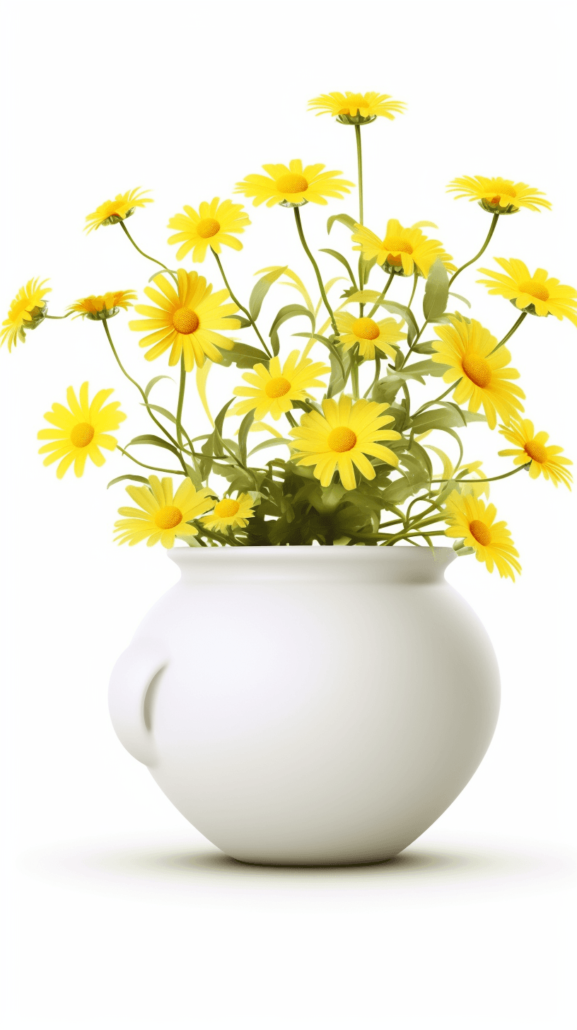 AI generated: Incoherent matte white porcelain pot with whimsical yellow daisy and cheerful yellow theme vector HD...