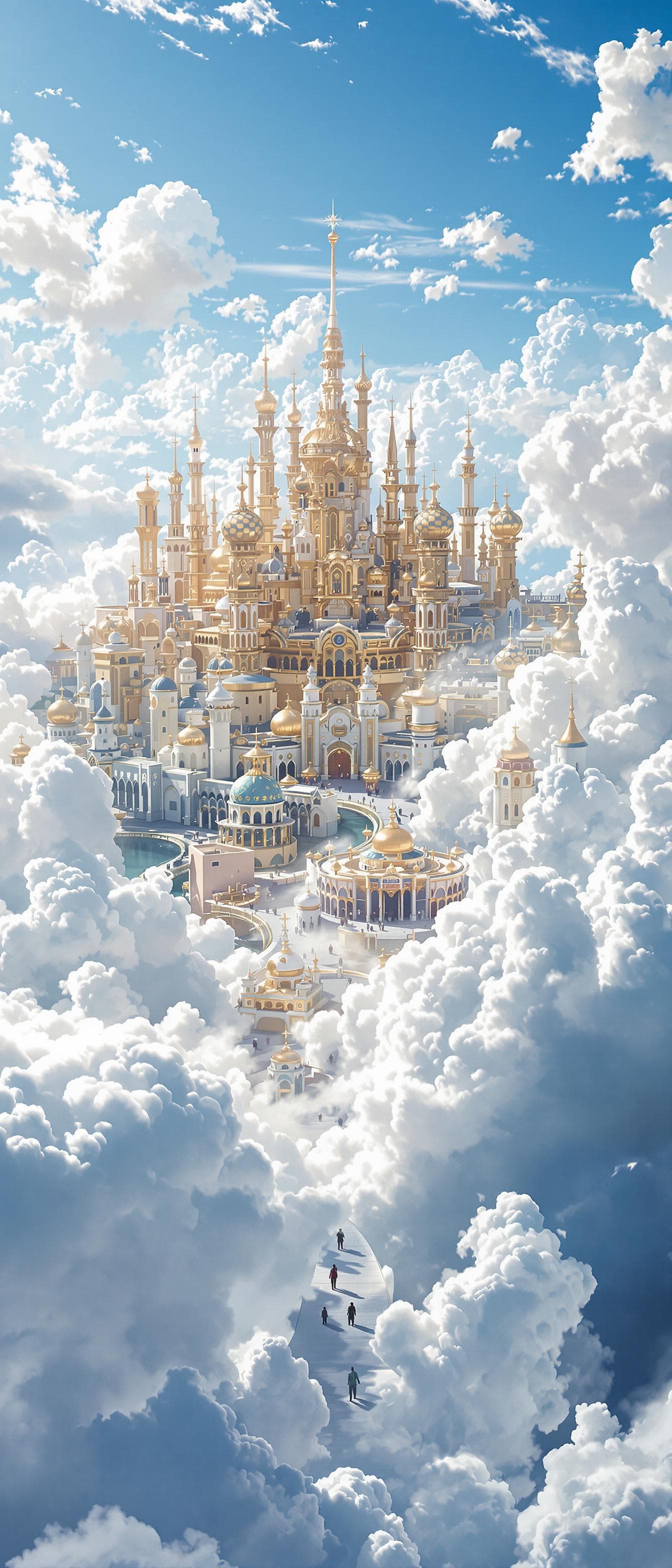 AI generated: The sky, a vast golden city in the distance, surrounded by bright white clouds. Many people walk thr...