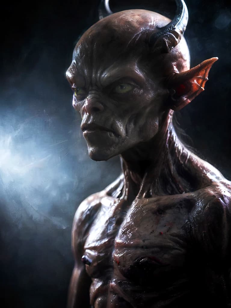 AI generated: A photo of a demonic merman, with maniacal facial expression, humanoid, yellow eyes, human skin colo...