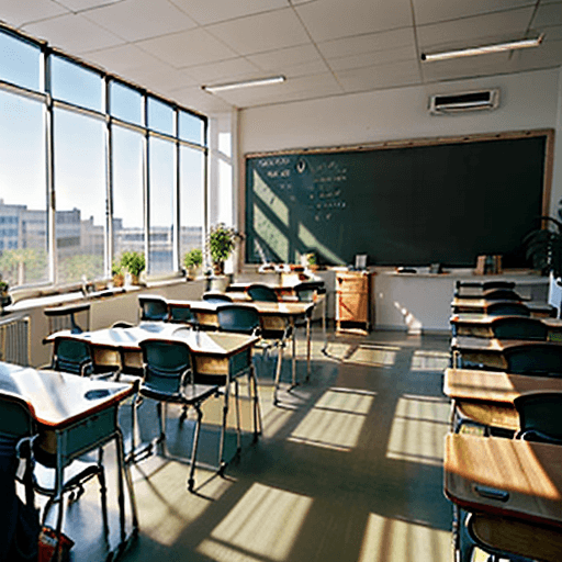 AI generated: A cozy deserted school classroom illuminated by warm sunlight with large windows, desks and a blackb...