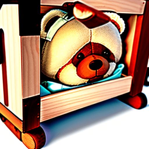 AI generated: view from 1 meter away of a large wooden toy box with one small sad teddy bear inside. high detail.