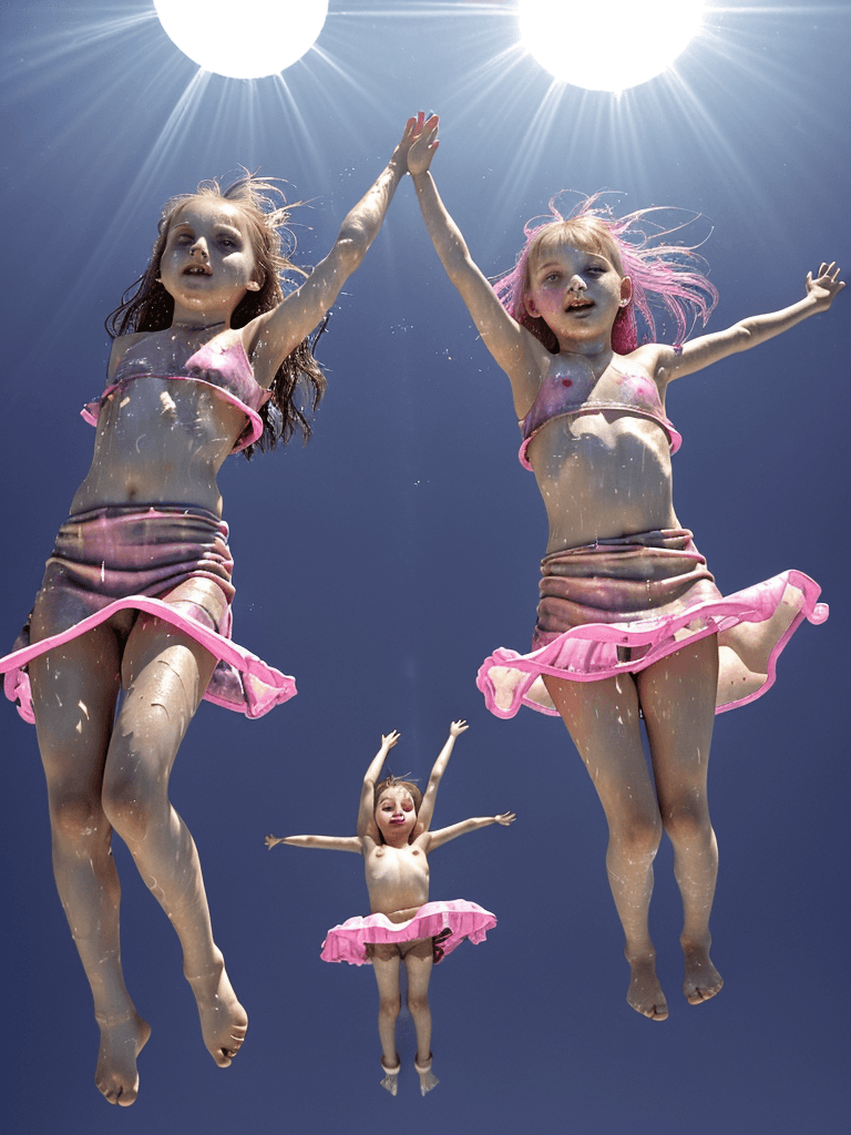 AI generated: 2girls, ((loli, flat brests)), shot from below, (TV Documentaries),((soaked colorful dress with Larg...