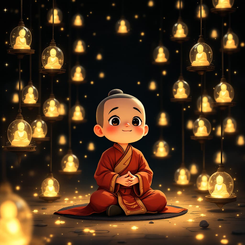 AI generated: A Japanese rendered cartoon of a Chinese little Taoist priest, kind and compassionate, praying for a...