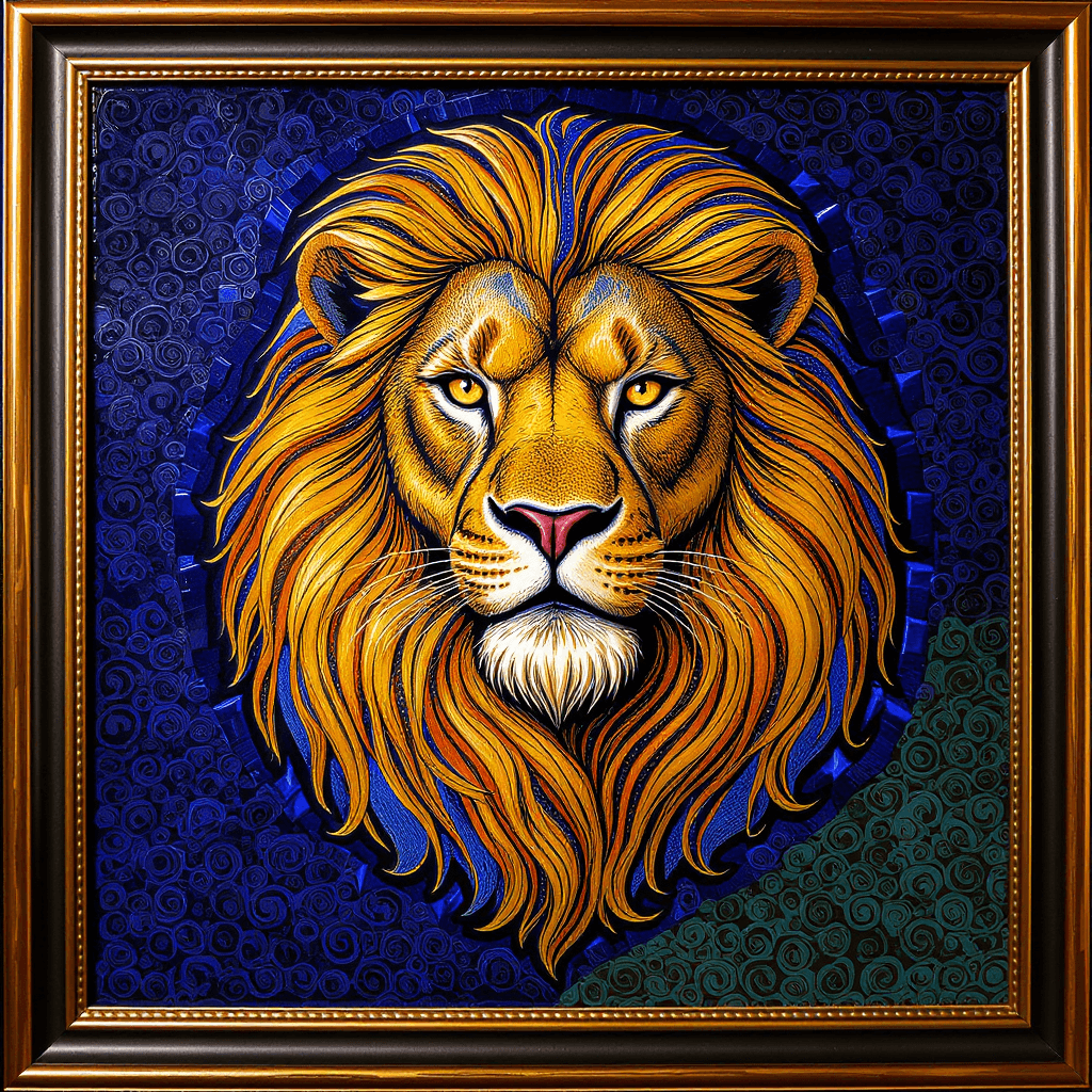 AI generated: A majestic lion is centered in the frame, depicted in the intricate cloisonné style with bold, defin...