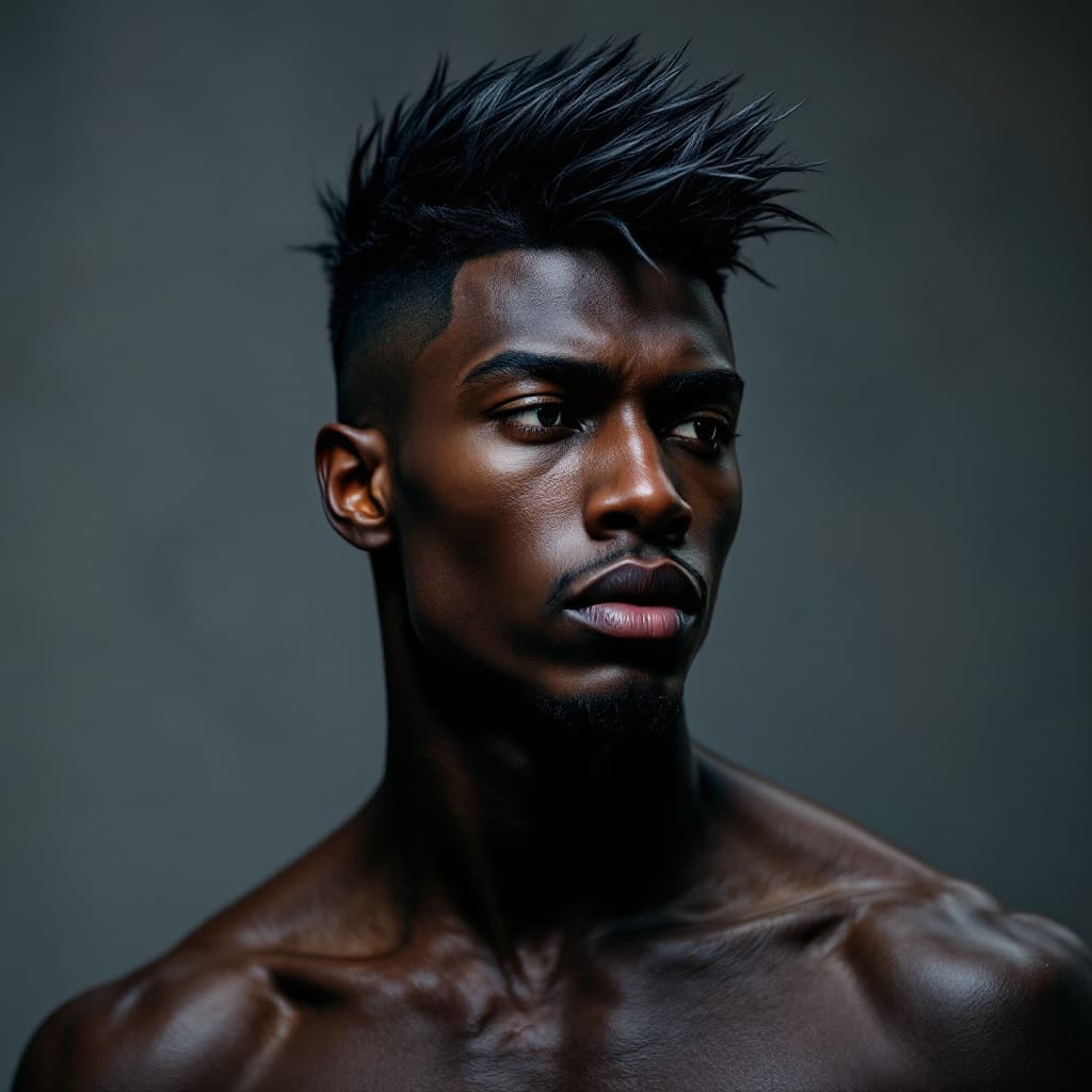 AI generated: Young  and shirtless, showcasing toned but very skinny body.  A distinctive, metallic,  a futuristic...