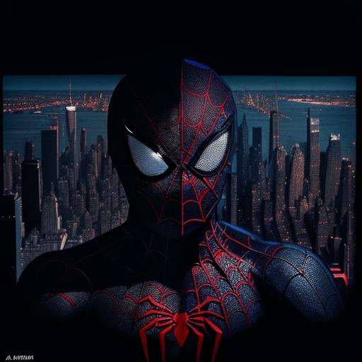 AI generated: black album cover art, closeup of spider-man overlooking New York City from above, oil slick and met...