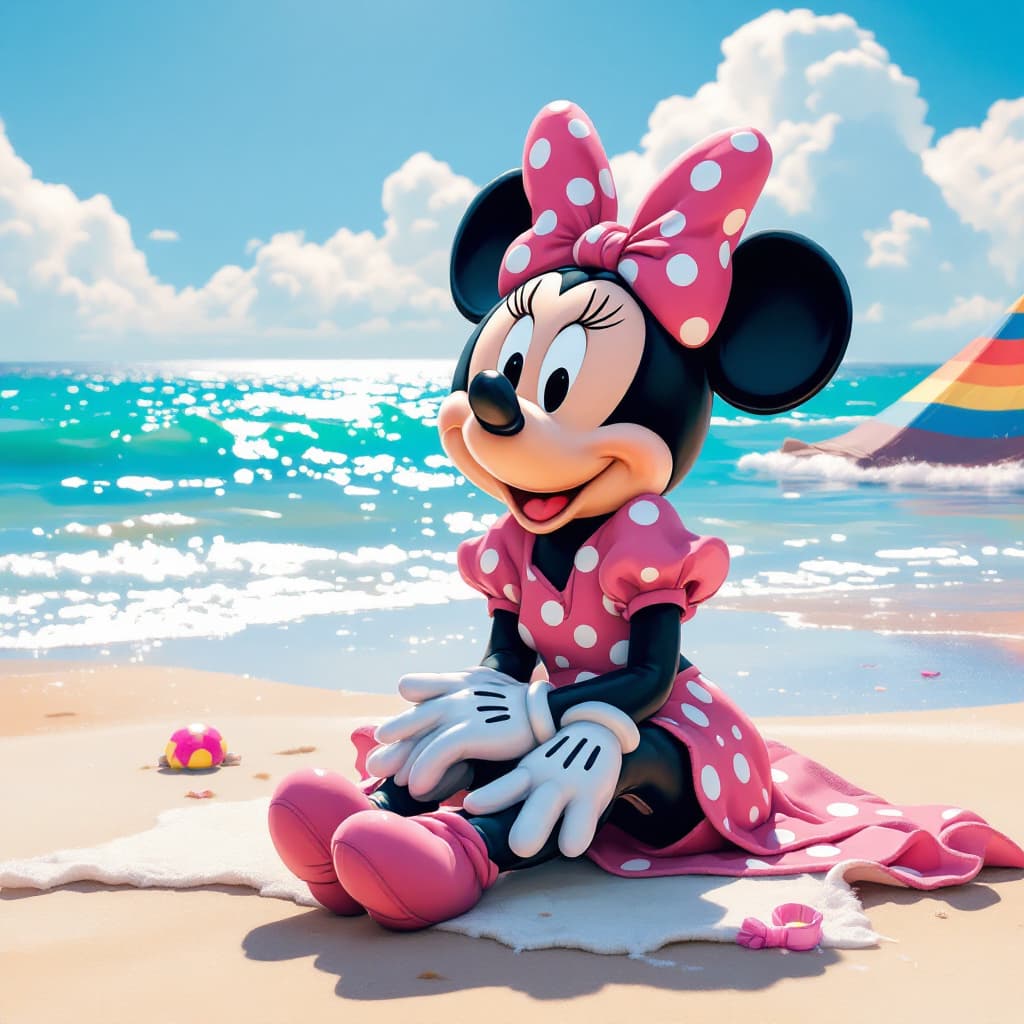 AI generated: A Minnie mouse sitting at the beach a sunny day