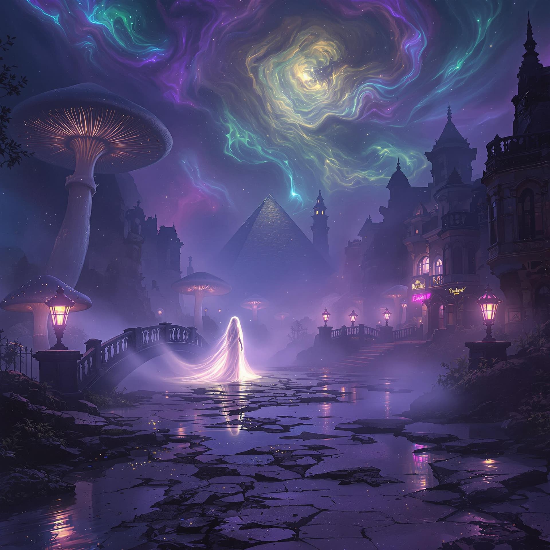 AI generated: Trippy, psychedelic, highly detailed, A wide, ethereal view of a forgotten Egyptian town at twilight...