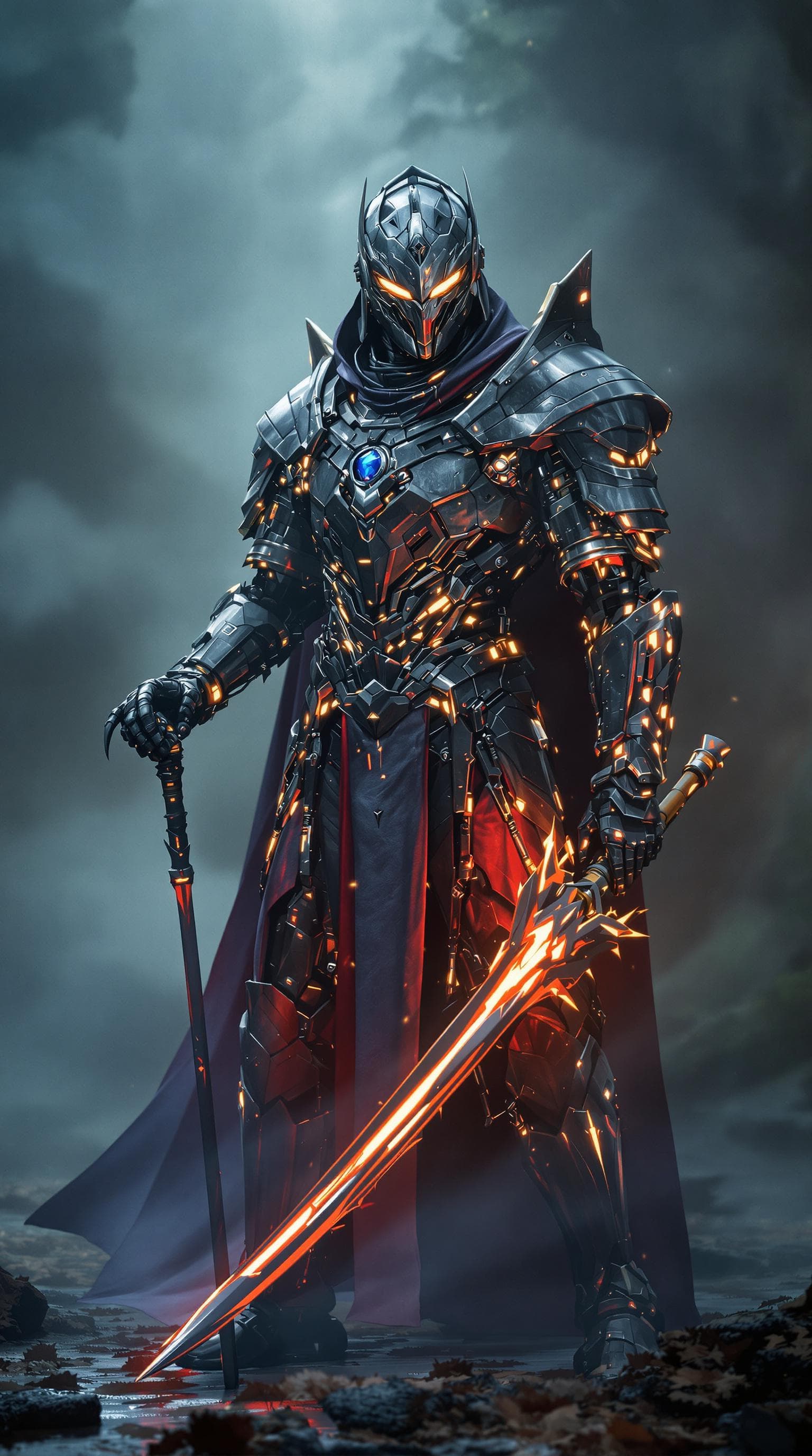 AI generated: medieval knight cybernetic image with cool robes and glowing weapon, sci-fi, photorealistic, cinemat...