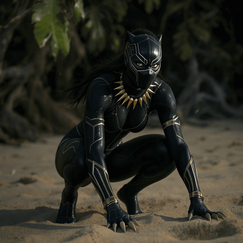 AI generated: A fierce female Black Panther homage with sleek dark skin-tight swimwear patterned like vibranium ar...