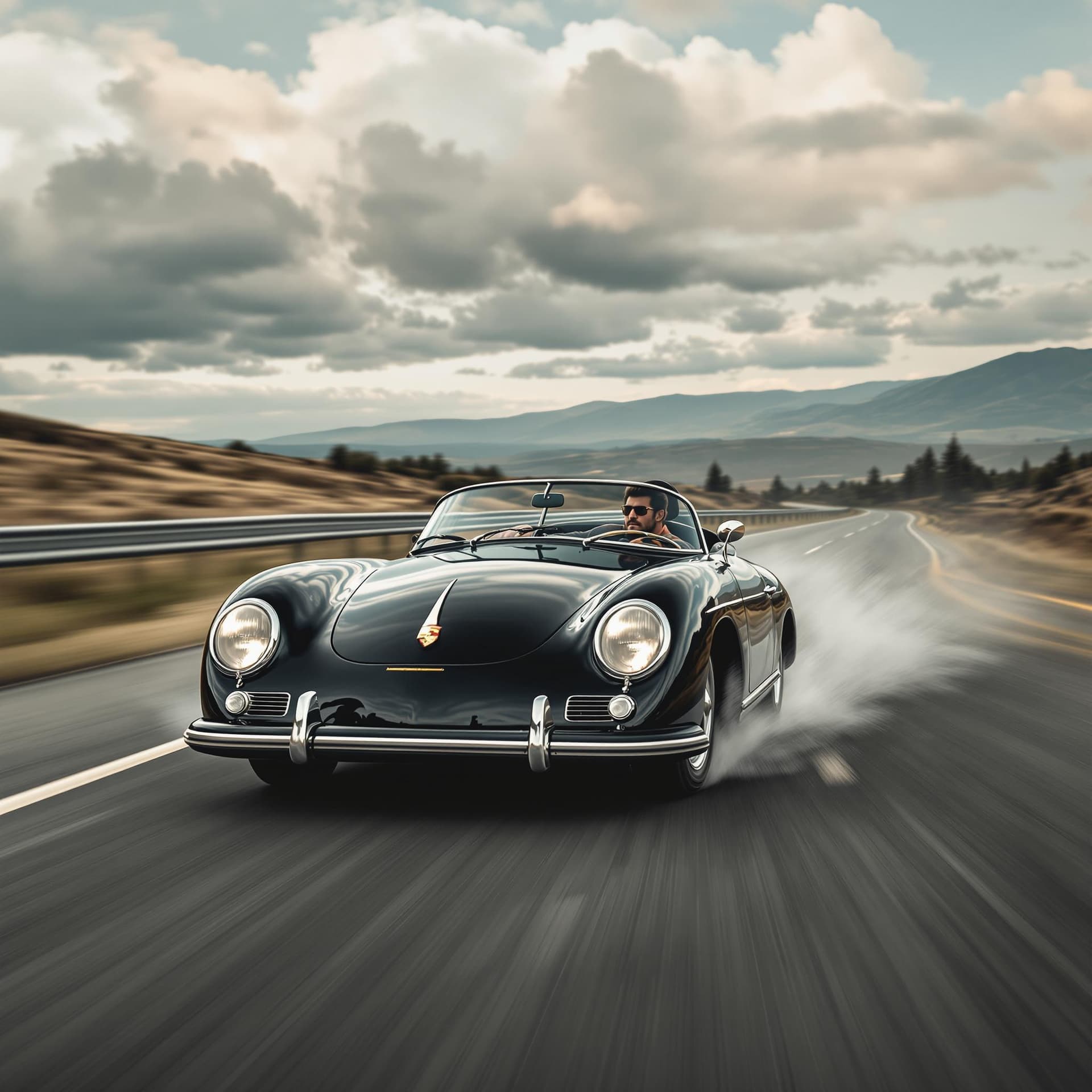AI generated: black vintage racing porsche driving down the highway, money flying out the windows, cloudy day , sp...