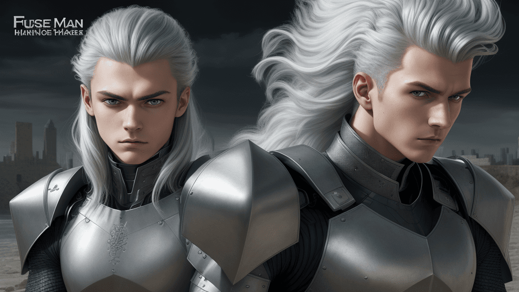 AI generated: Series Cover, armored humans, hair, face, silver theme, fortress