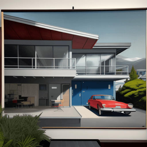 AI generated: Hyper realistic eye level exterior photo of a mid century modern style house overlooking the ocean, ...