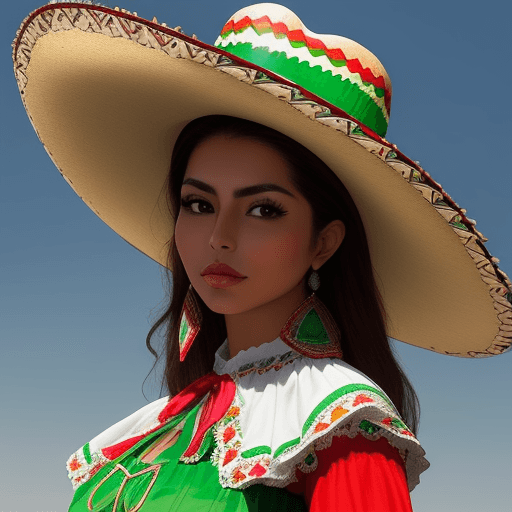 AI generated: BEAUTIFUL MEXICAN WOMAN, WEARING A MEXICAN FLAG BLOUSE ON HER SHOULDERS AND A CHARRO HAT