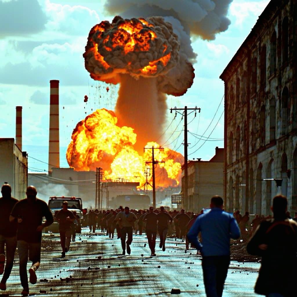 AI generated: massive explosion as a bomb drops on a power station, people running for thier lives away from the e...