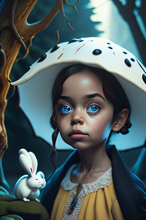AI generated: Tim burton style, (portrait of Alice In Wonderland), ((young girl playing with a white bunny)), cute...