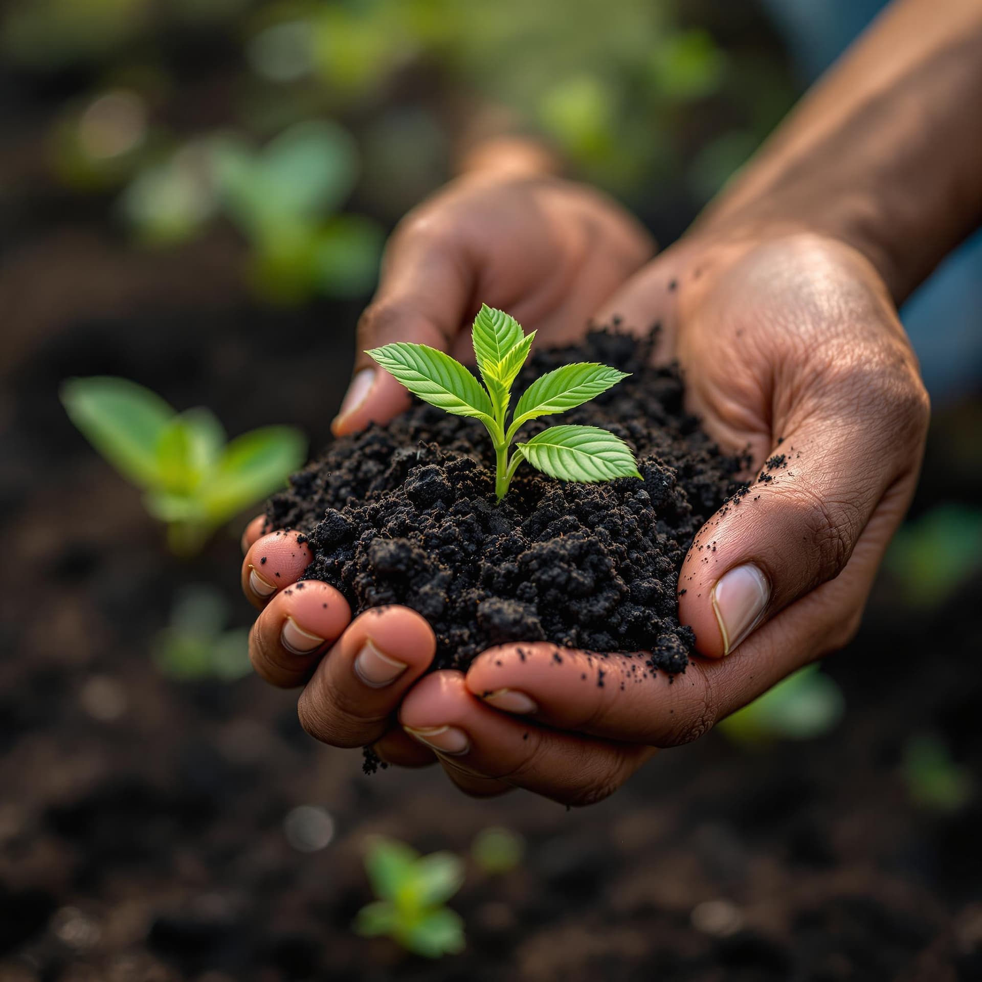 AI generated: A hand holding rich, dark soil with plants growing in the background. dslr, ultra quality, sharp foc...