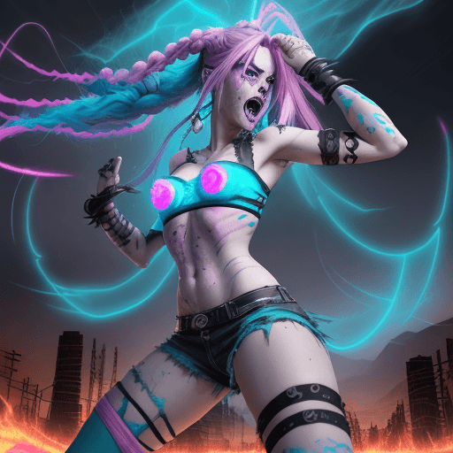 AI generated:  A casual Jinx from serial Arcane (beautiful fictional female character with two blue braids and pin...