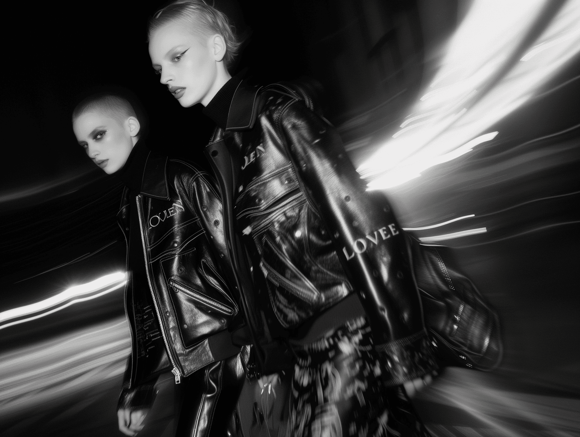 AI generated: black and white, 2 models dressed black leather jacket, Soft stretchy high color long-sleeved turtle...