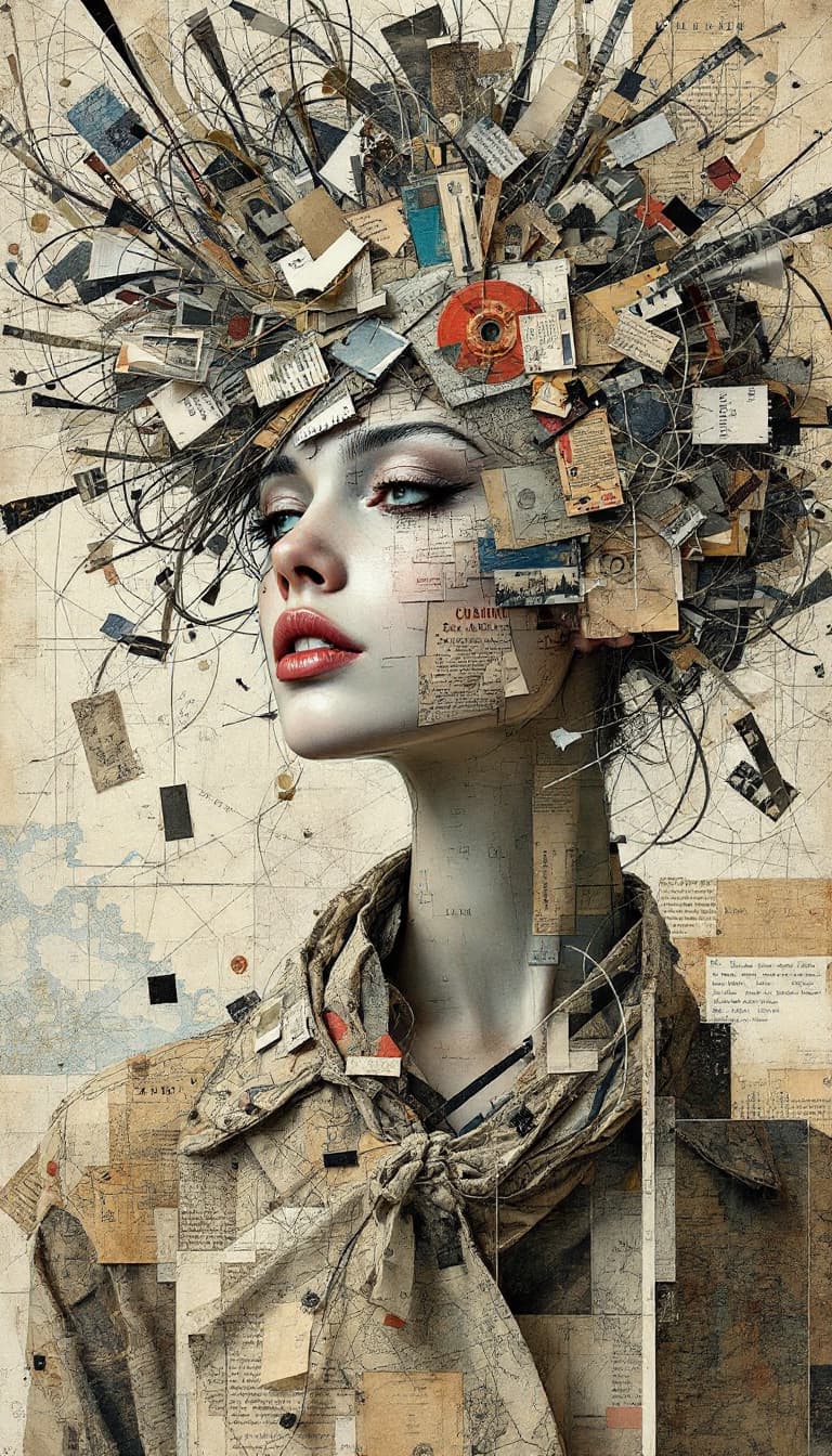 AI generated: (7) A mixed-media collage, echoing the layered textures of Kurt Schwitters, depicts a female cartogr...