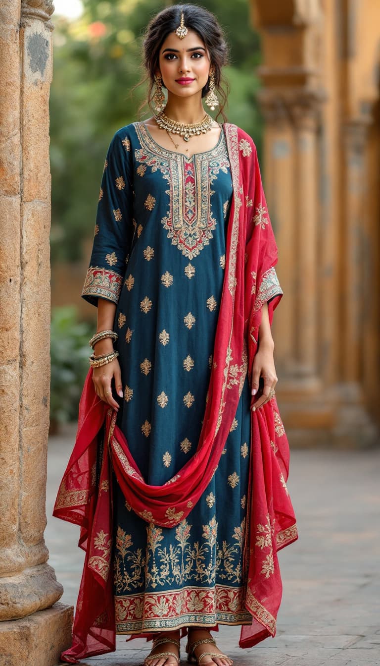 AI generated: India wear tradition dress. Women wear kurti, pajami. Full body image
