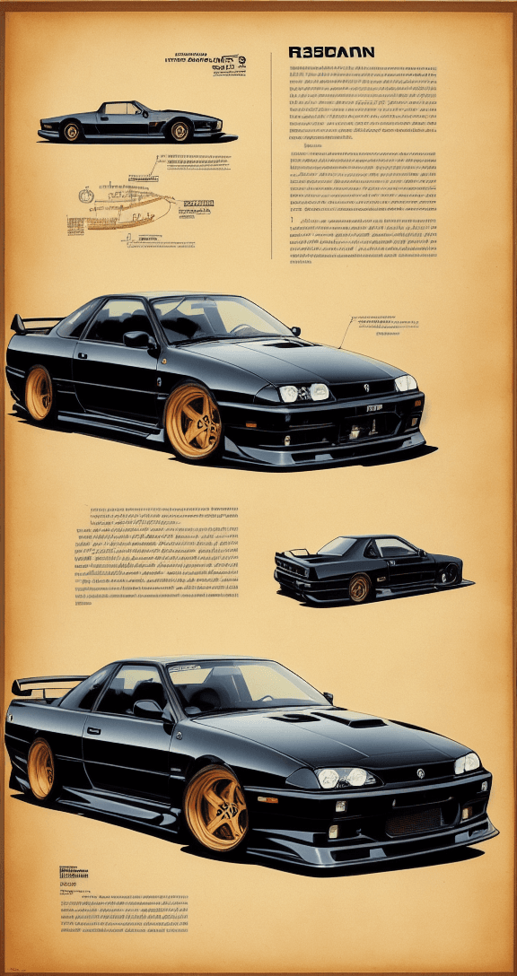 AI generated: highly detailed infographic of black nissan skyline cars found in popular mechanics magazine | vinta...