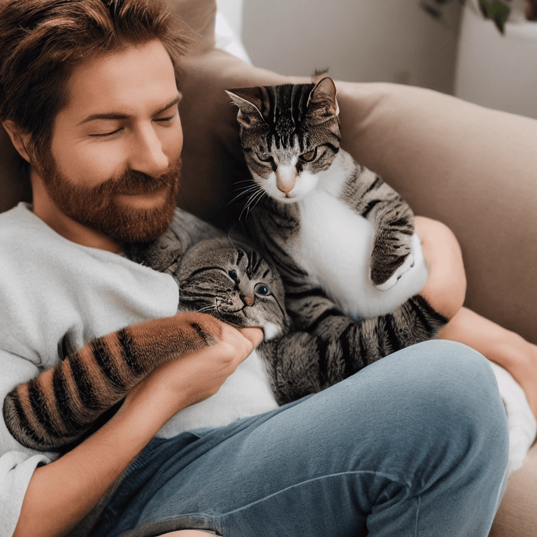 AI generated: Daniel and his adorable cat are spending a relaxing day at home. Daniel is sitting on the sofa with ...
