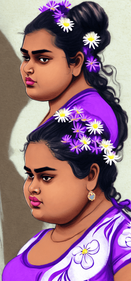 AI generated: A head to knee side view photo of a plus-size, thick, chubby fat Sri Lankan woman of 26-year-old wit...