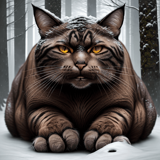 AI generated: front  view of a nice, wise, gloomy,  giant,  brown very old cat resting  in a winter prehistoric fo...