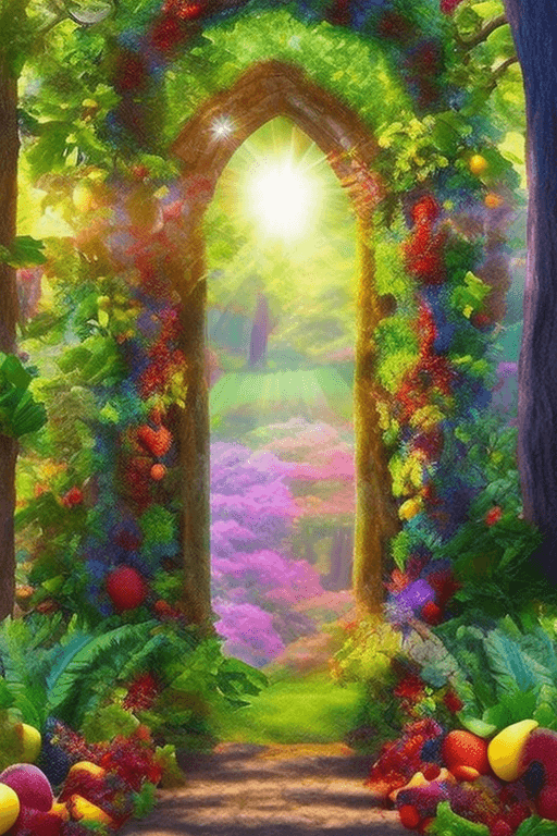 AI generated: a magical colorful summer forest inside the doorway, fruits planted on the trees, strong sunshine fr...
