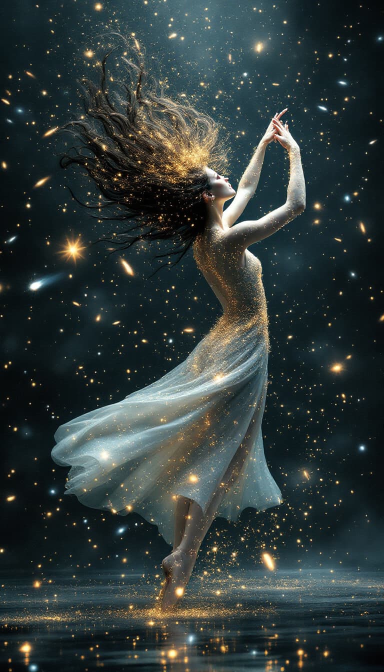 AI generated: 1. A breathtaking, full-body scene of a woman dancing amidst a shower of falling meteorites, her for...