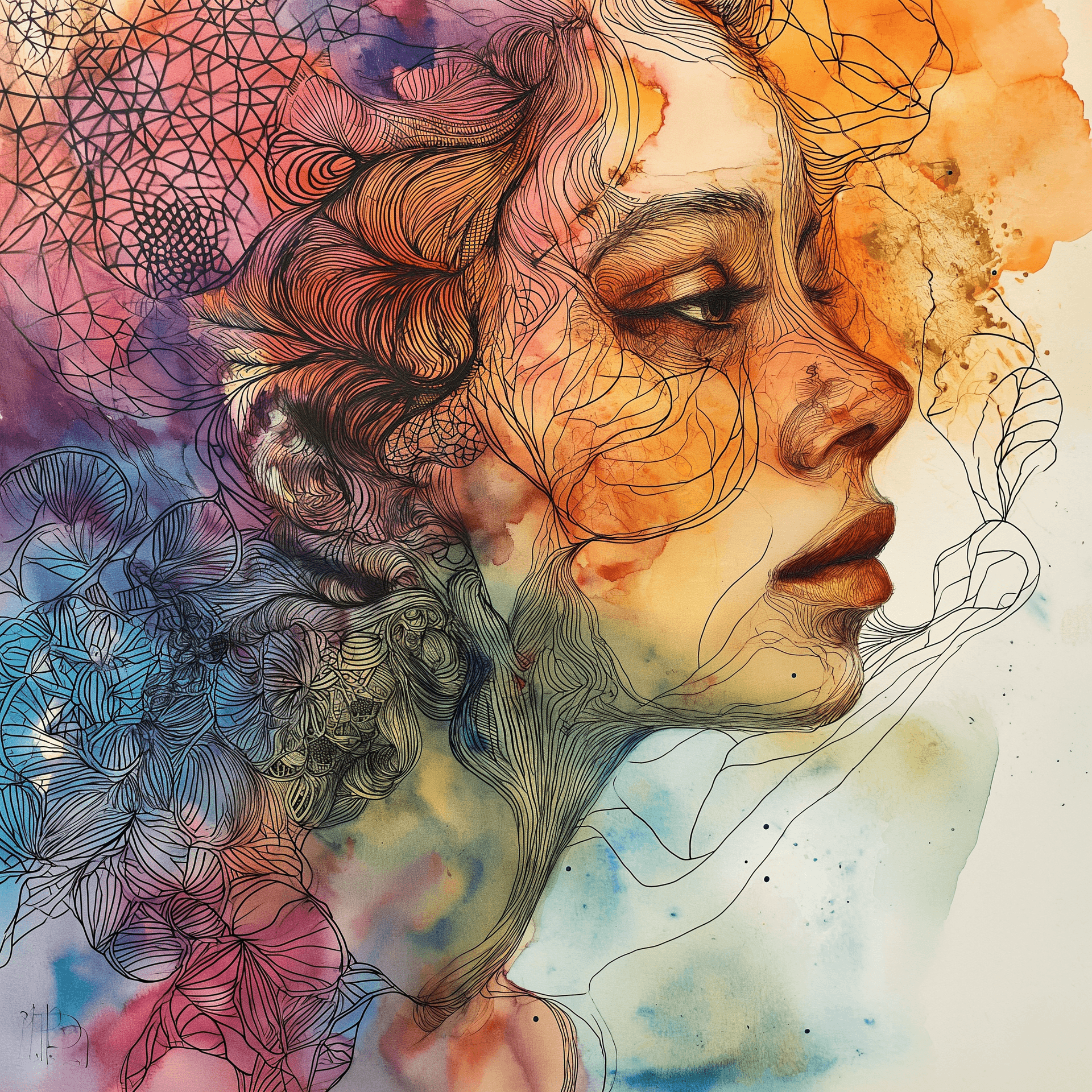 AI generated: colorful watercolor with intricate patters overlaid in ink --v 6.0