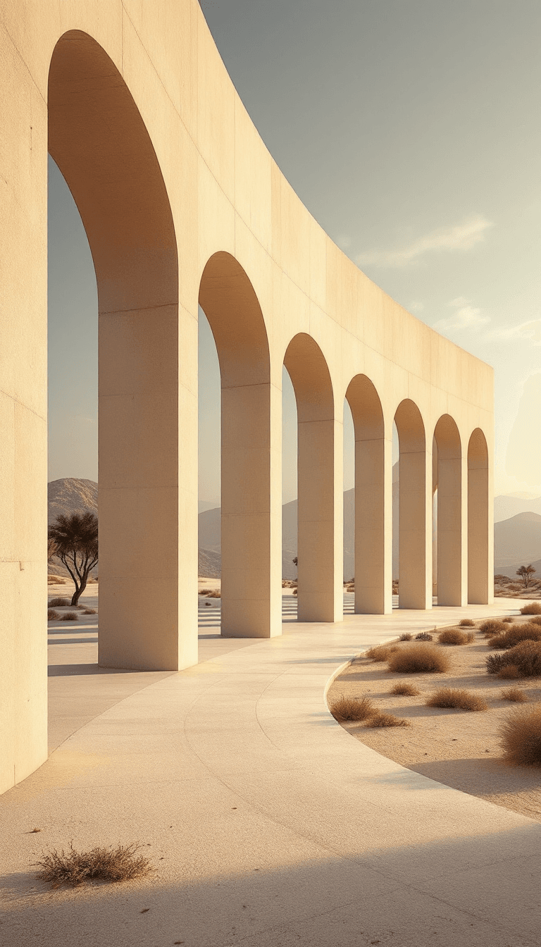 AI generated: brutalist architectural structure made of columns and arcs placed in the serene surreal desert, desi...