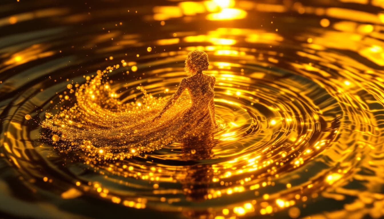 AI generated: Over-the-Shoulder Shot (6s): The ripples form her golden figure above, her beauty radiant. Sound: He...