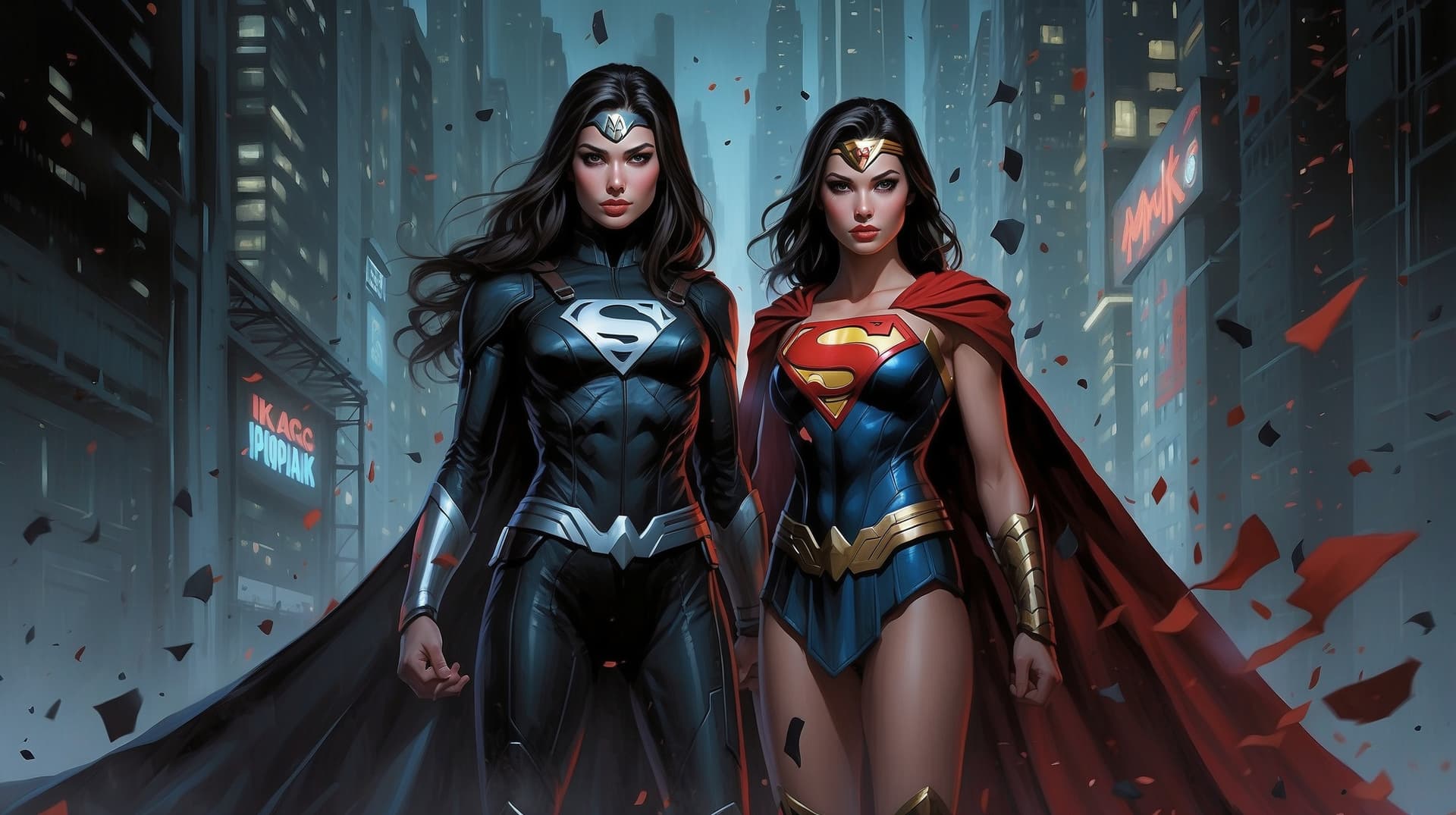 AI generated: a masterpiece, supergirl and wonderwoman from dc comic fused wearing alternate black costume, coy an...