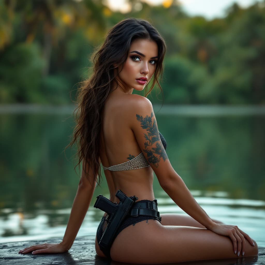 AI generated: full body portrait woman a powerful and dignified portrait ,gorgeous female, sitting in the lake, pa...